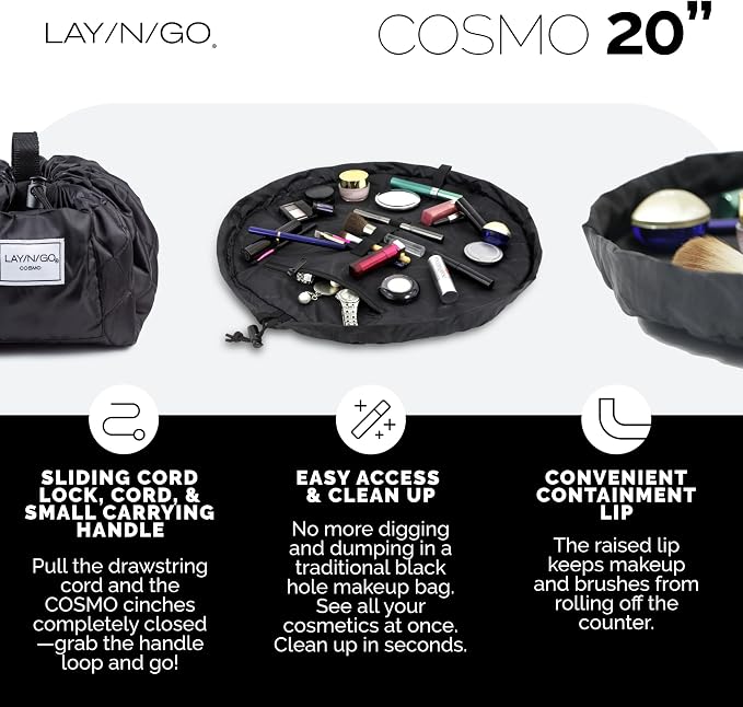 Lay-n-Go Cosmo Layflat Drawstring Cosmetic & Makeup Bag Organizer w/Zipper Pocket, Brush Loops & More, Cinch to Close, Lay Flat to Use, Durable, Machine Wash, Travel Toiletry Bag (20", Navy) - Image 3