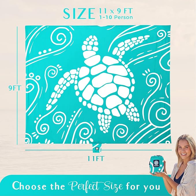 WEKAPO Beach Blanket Waterproof Sandproof Oversized Extra Large Sand Free Beach Mat with Stakes, Storage Bag - Essentials for Outdoor Beach, Picnic (Gradient Teal Sea Turtle, 11 X 9 FT (1~10 Person)) - Image 3