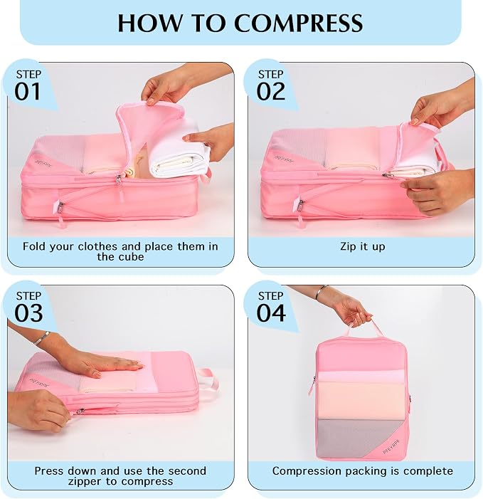 PFEYRPK Lightweight Compression Packing Cubes for Suitcases, Compressible Expandable Travel Packing Organizer with Clear Toiletries and Backpack Bag, Travel Essentials for Carry on Luggage 7 Set - Image 5