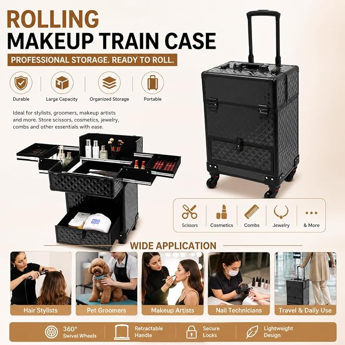 Rolling Makeup Case Cosmetic Train Cases 4 Tray with Sliding Rail Rolling Makeup Cart Cosmetic Trolley 3 Tier Travel Case Salon Barber Case for Makeup Tattooist Nail Tech Hairstylists - Image 6
