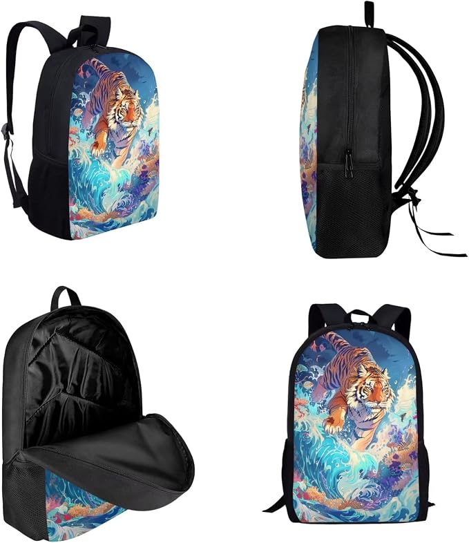 17 Inch Animal Print School Backpack And Lunch Box Set for Kids Lightweight Sea Wave Tiger Backpack for Boys Girls Sturdy School Bag with Insulated Lunchbox Pencil Case Student Bookbag - Image 3