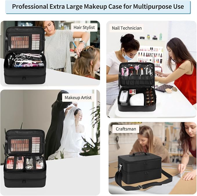 Extra Large Makeup Case, Professional Makeup Artist Traveling Bag, Double Layer Lightweight XL Makeup Travel Case Organizer for Artist Hairstylist Crafters with 2 Detachable Pouch & Shoulder Strap - Image 8