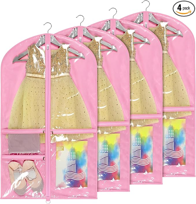 Univivi Dance Costume Bags Garment Bag 40 Inch Hanging Clothes for Dance Competitions, with 3 Medium Clear Zipper Pockets for Dance Costumes, Closet Storage (Pink) - 4 Pack by Univivi