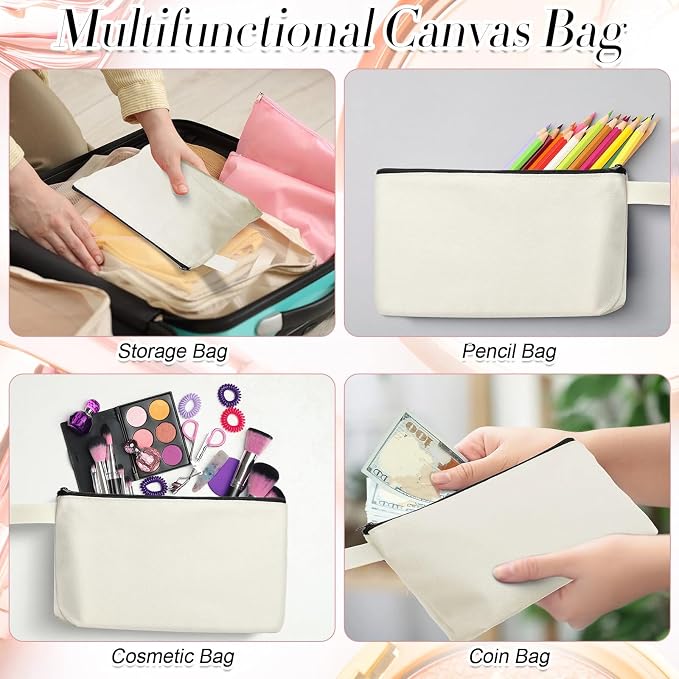 Reginary 60 Pcs Cream Canvas Makeup Bag Bulk Portable Travel Cosmetic Pouch Versatile Blank Toiletry Bag with Zipper for Women DIY Craft Purse Pencil Case (8.6 x 5 x 2 Inch) - Image 5