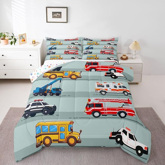 Erosebridal Fire Truck Comforter Set,Police Car Down Comforter King Size,School Bus Bedding Set for Kids Boys Teens Youth,Equipped Truck Cartoon Vehicle Quilt Duvet Insert Bedroom Dorm Decor 3 Pcs by Erosebridal
