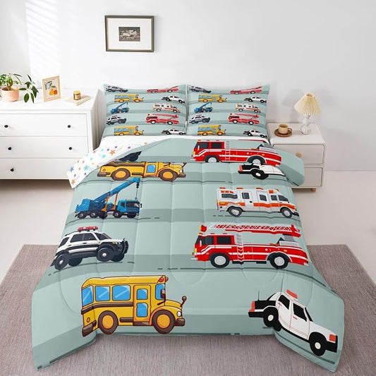 Erosebridal Fire Truck Comforter Set,Police Car Down Comforter King Size,School Bus Bedding Set for Kids Boys Teens Youth,Equipped Truck Cartoon Vehicle Quilt Duvet Insert Bedroom Dorm Decor 3 Pcs by Erosebridal