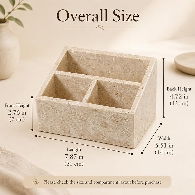 Travertine 3-Compartment Desk Organizer, Beige | Natural travertine with 3 compartments for pens, makeup brushes, skincare bottles, office supplies and vanity items - Image 3