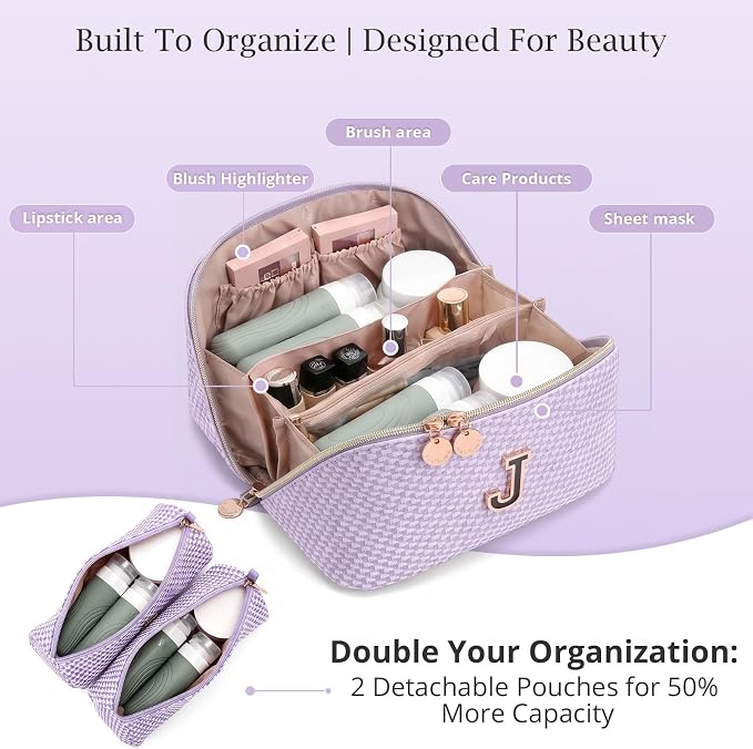 Personalized Gift Travel Makeup Bag: Initial Makeup Organizer Bag for Women | 3-in-1 Custom Make up Bag Set - Vegan Leather Travel Cosmetic Bag - Luxury Gift for Women – Birthday, Anniversary, Graduation - Image 3