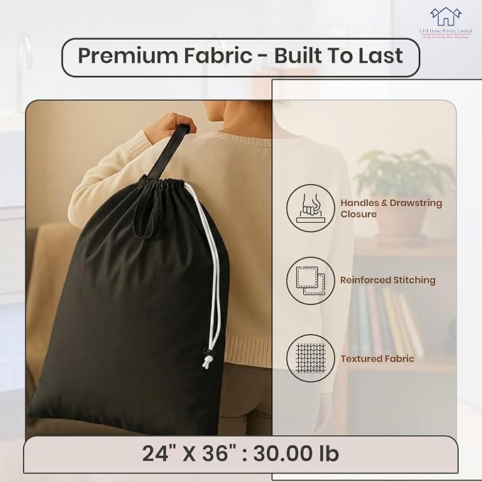 LFH Home Large Premium Cotton Rich Canvas Laundry Bag with Drawstring and Handles Heavy Duty, Multi-Use, and Washable for Home, Travel, College or Storage 24x36 (Pack of 2)-Black - Image 4