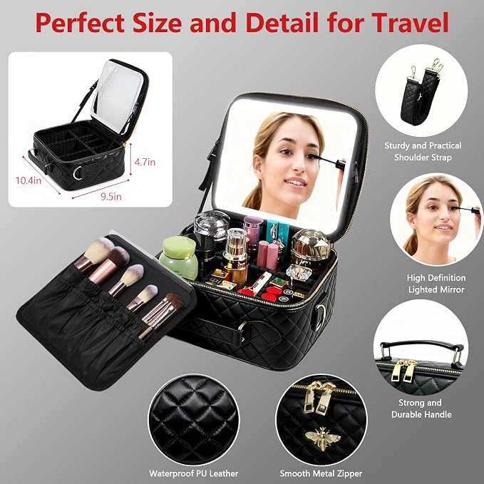 Travel Makeup Bag with Light Up Mirror, Portable Makeup Bag with Led Light Women Waterproof Makeup Travel Case adjustable dividers Rechargeable Vanity Mirror with 3 Color Lights - Image 4