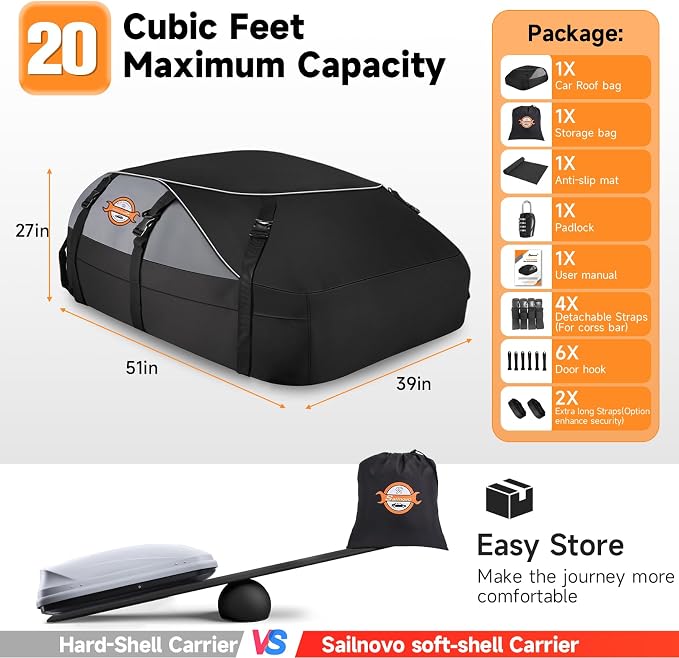 Sailnovo Rooftop Cargo Carrier Roof Bag, 20 Cubic feet Soft Waterproof Car Roof Bag fit Cars with/Without Rack, 6 Tie-Down Straps, 6 Door Hooks, Foldable Car Top Carrier for Road Trip Camping Travel - Image 8