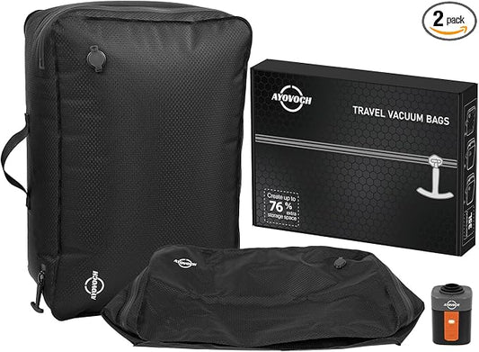 Vacuum Travel Bag for Luggage with Wireless Pump 35L, 180° Open Zipper, IP68 Waterproof, Reusable Compression Bags for travel to Save Space, Fits 20-28in Suitcase, Backpack, Cloth (2PC + Pump) by AYOVOCH