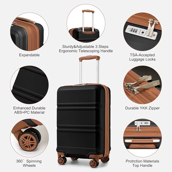 Kono Luggage Set 3 Piece Carry On Hardside Luggage with Spinner Wheels | Lightweight PC+ABS Carry On Suitcase with TSA Lock Apricot Black - Image 3