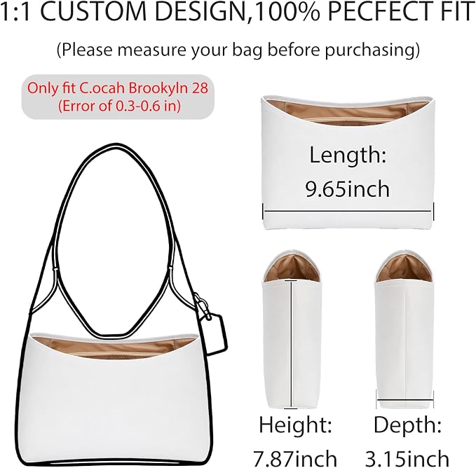 Dupont Paper Purse Organizer Insert for Coach Brooklyn 28 Shoulder Bag, Lightweight Waterproof Brooklyn 28 Bag Insert with 2 Elastic Bottle Holders, 5 Compartments, YKK Zipper, White&Maple - Image 3
