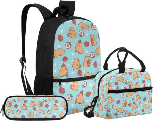 Blue Capybara Strawberry Girls Elementary School Backpack with Lunch Box Pencil Case School Bag Sets Kids Bookbags 3 in 1 by Unknown