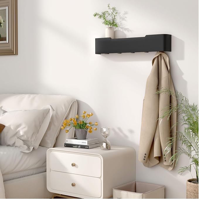 Wall Mounted Coat Rack with Shelf, Wooden Entryway Organizer with Hidden Metal Hooks for Hanging Coats Bags Keys, Modern Floating Shelf for Hallway Bathroom - Image 6