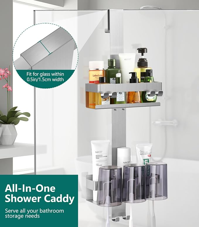 Emibele Over The Door Shower Caddy 2 Tier, 304 Stainless Steel Hanging Shower Caddy Rustproof Shower Shelves, No Drilling Hanging Shower Organizer for Bathroom Glass Door, Silver - Image 2