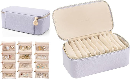 VLANDO Travel Jewelry Box Organizer – Portable PU Leather Jewelry Case with 6/8/12 Zippered Pouches, Compact Storage for Earrings Rings Necklaces Bracelets, Lilac Purple by VLANDO