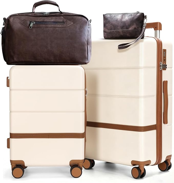 4 Piece Luggage Set, 20/24 inchi Large Checked Hard Shell Suitcase with Spinner Wheels, Vintage PU Leather Weekender Duffel Bag TSA Travel Luggage Set for Family Long Trips (White) by Maungti
