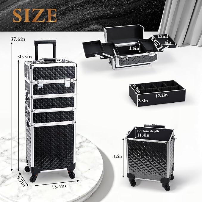 Stagiant Rolling Makeup Case Cosmetology Case on Wheels 4 in 1 Large Cosmetic Organizer Train Case Makeup Travel Case with Key Swivel Wheels Nail Artist Salon Storage Traveling Cart Trunk Black - Image 5