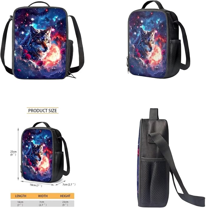 Galaxy Wolf Backpack for Girls Kids Backpack with Lunch Box Water Bottle Carrier and Aesthetic Pencil Case 4PCS Set Bookbag with Front Pocket for School 17 inch Large Capacity School Bag - Image 4