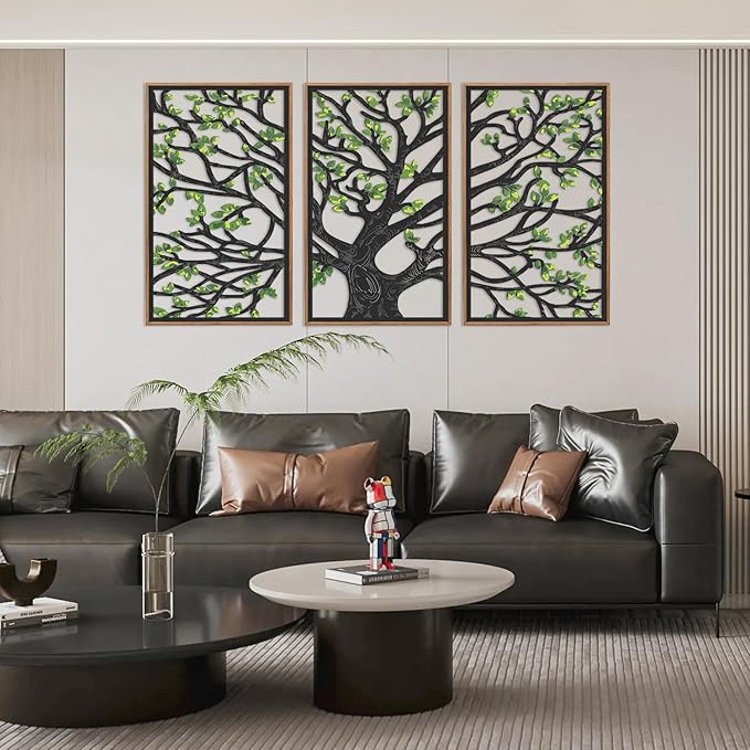 CHDITB Wooden Tree of Life Framed Wall Art(Set of 3, 16"x32"), 3 Panel Rustic Birch Green Leaves Hollow Laser Cut Artwork Decor, Modern Family Tree Wall Sculpture for Living Room Bedroom
