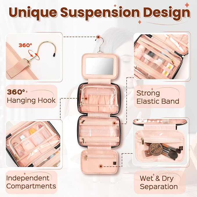 Hanging Makeup Bag with Built-In Mirror – Travel Toiletry & Cosmetic Organizer for Women and Performers - Image 3
