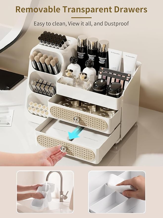 Booklov Large Makeup Organizer for Vanity and Bathroom Countertop, White | Plastic Cosmetic Display Case with Drawers, Beauty Brush Holder for Dresser Counter Skin Care Eyeshadow Lipstick Storage - Image 6