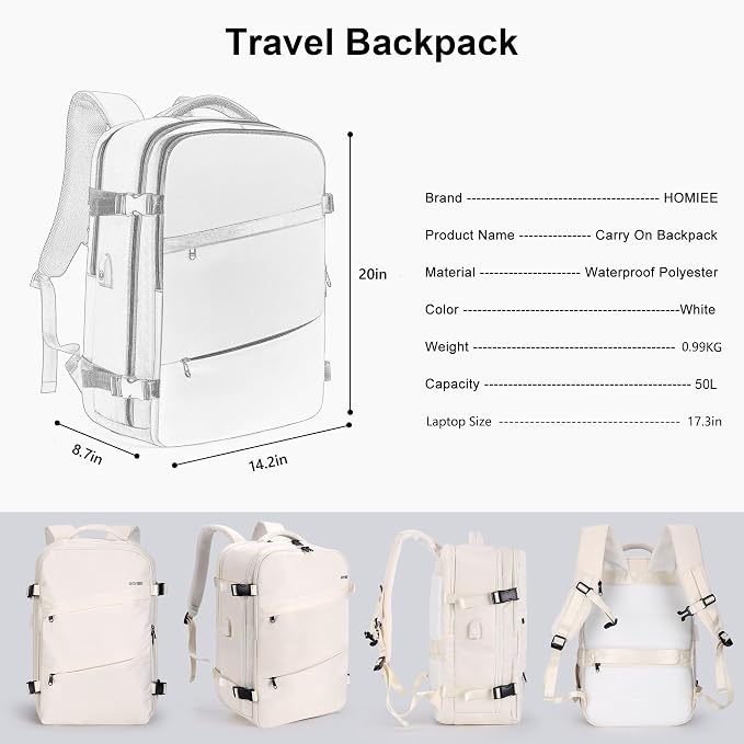 HOMIEE 50L Travel Backpack Large Suitcase Water Resistant Luggage Daypack | Carry on Backpack for Men Women Fits 17.3 Inch Laptop - Image 8