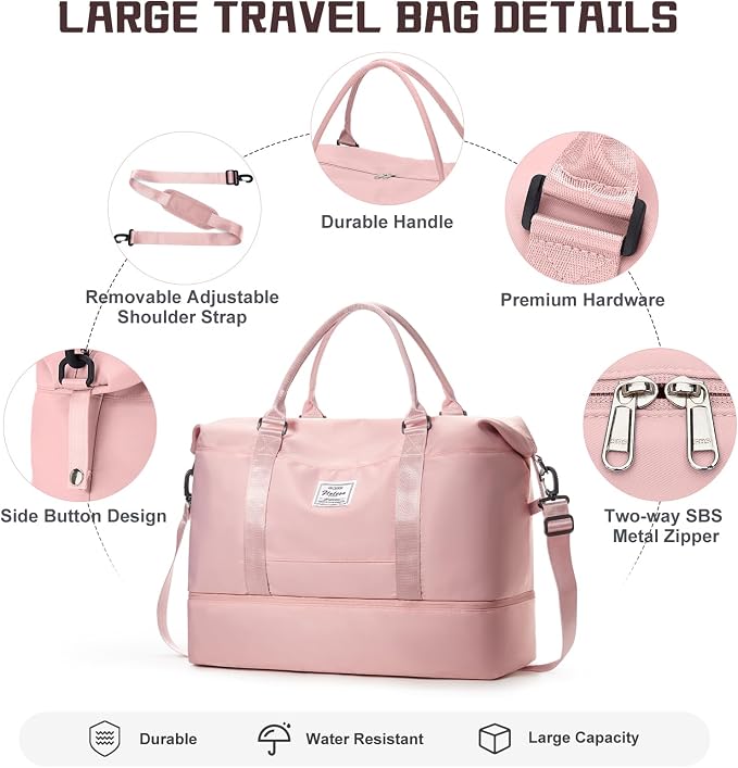 Travel Duffel Bag with Shoes Compartment,Weekender Bags for Women Travel | Overnight Carry-On Bag with Toiletry Bag & Wet Pocket & Trolley Sleeve,Extra Large - Image 5