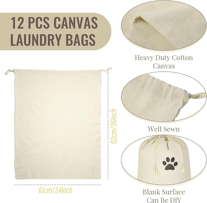 Remagr 12 Pcs 24" x 36" Canvas Laundry Bags Bulk Large Cotton Laundry with Drawstring Heavy Duty Hamper Liner Washable Dirty Clothes Santa Bag for Travel Household - Image 2