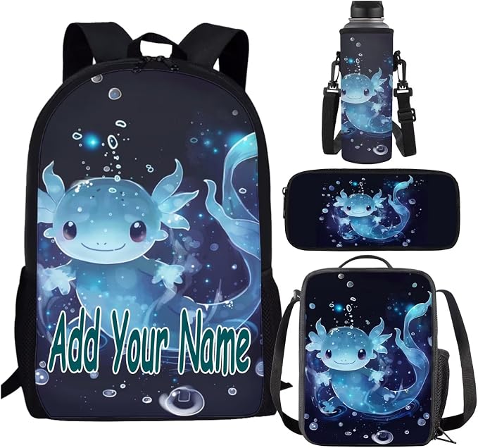 Personalized Blue Axolotl Backpack for School Girls 3rd Grade Preppy with Lunch Box Set 4 in 1 Elementary Custom Bookbag Lunchbox Pencil Case Water Bottle Holder 17in Back Pack Book Bags by SCRAWLGODDreamWardrobe
