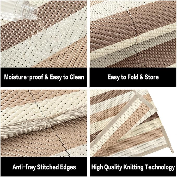 PureCozy Outdoor Waterproof Patio Rug 9x12 Plastic Straw Reversible Outside Beige Striped Carpet Lightweight Large Rug for Camping RV Porch Deck Balcony Beach - Image 7