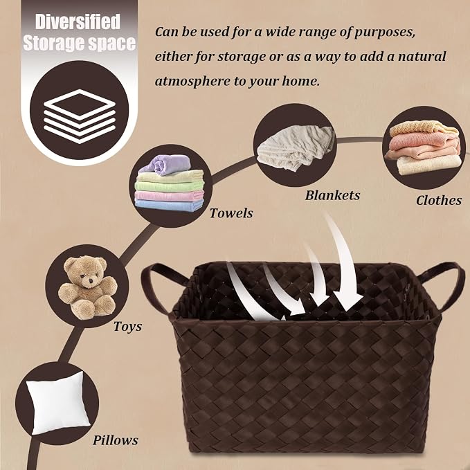 Handwoven Clothes Basket Laundry Hampers Large Wicker Storage Baskets for Shelves Blankets Closet Storage Bins Car Bedroom Bathroom Organizers and Storage Bath (Pack of 4, Espresso color) - Image 4
