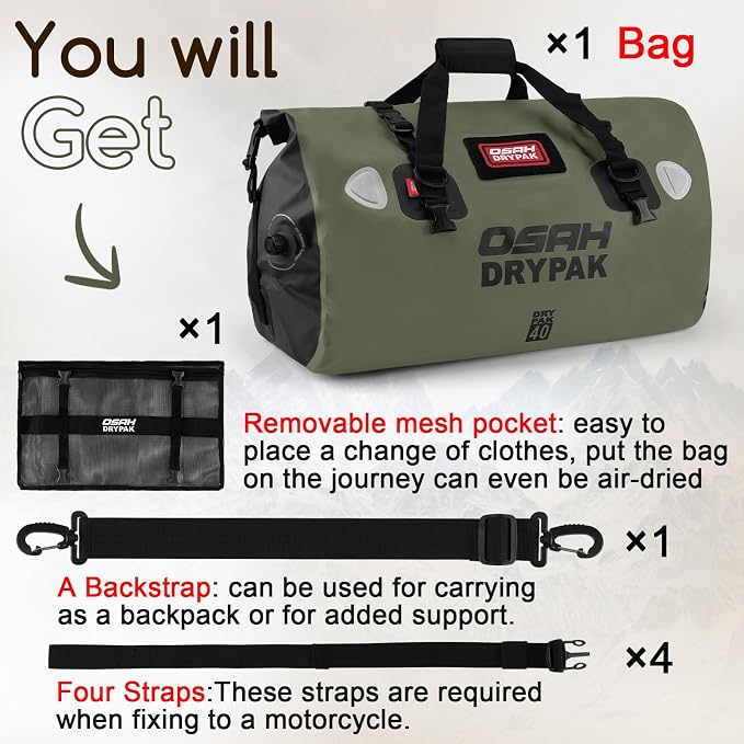 OSAH DRYPAK Waterproof Duffel Bag - Motorcycle Dry Bag Tail Bag with Large Storage Space, Waterproof Luggage Duffle Bags with Outer Mesh Zipper Pocket for Camping, Kayaking, Fishing & Traveling - Image 7