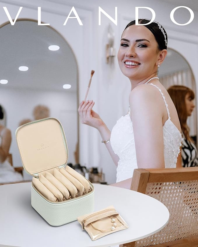VLANDO Jewelry Box with 6 Velvet Jewelry Bags Travel Jewelry Case for Women Girl Premium Petal Hardware Jewelry Organizer Necklace Rings Earrings Bags Bride Teacher Mom Gifts-Mint Green - Image 6
