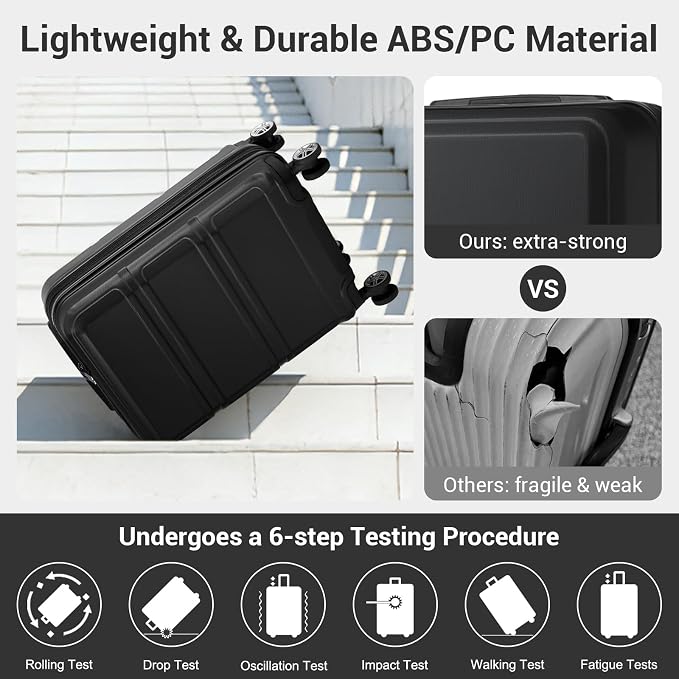 Kono Carry On Luggage Set Airline Approved with Spinner Wheels | Lightweight PC+ABS Carry On Suitcase with TSA Lock Durable Luggage Hardside Black - Image 4