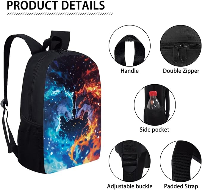 Fire and Ice Wolf Print Kids School Bookbag Set, Boys Girls Back to School Large Backpack Set, 3 Pcs Lightweight Schoolbag Set with Lunch Bag and Pen Bag, Red Blue - Image 4