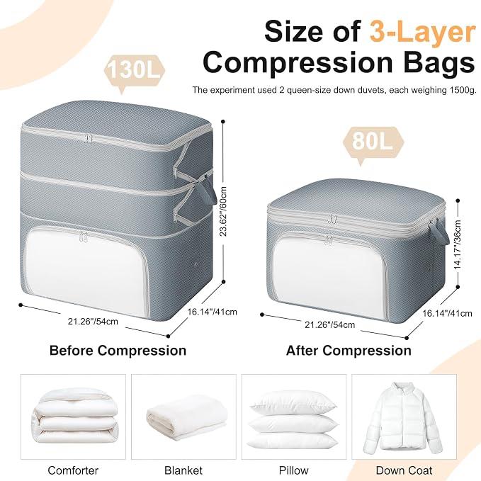 Comforter Storage Bag - Large Capacity Blanket Storage Bags Front-opening Ultra Space Saving Self Compression Organizer, Washable Compression Bags for Storage Comforter Blanket, 2 Pack, Grey - Image 2