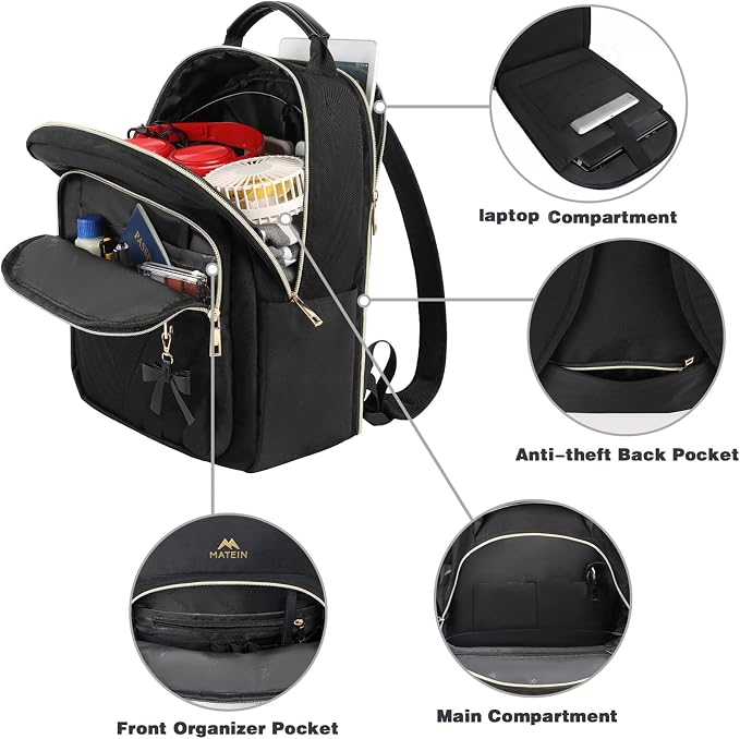 MATEIN Backpack for Women, 17 Inch Fashion Bookbag Purse, 2pcs Sets, Black | Waterproof Fashion Cute Large Daypack, Casual Daily Shoulder Bag, Ladies Teen Girls Handbags for Travel Work School College - Image 5