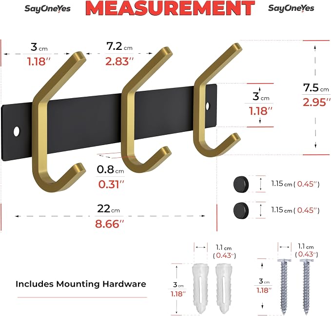 Small Coat Rack Wall Mount – Black and Gold Hook Rail with 3 Double Coat Hooks, 9 Inch Stainless Steel Wall Hooks for Entryway, Bathroom, Bedroom, Closet, Towel, Hat, Bag, Heavy Duty Organizer - Image 2