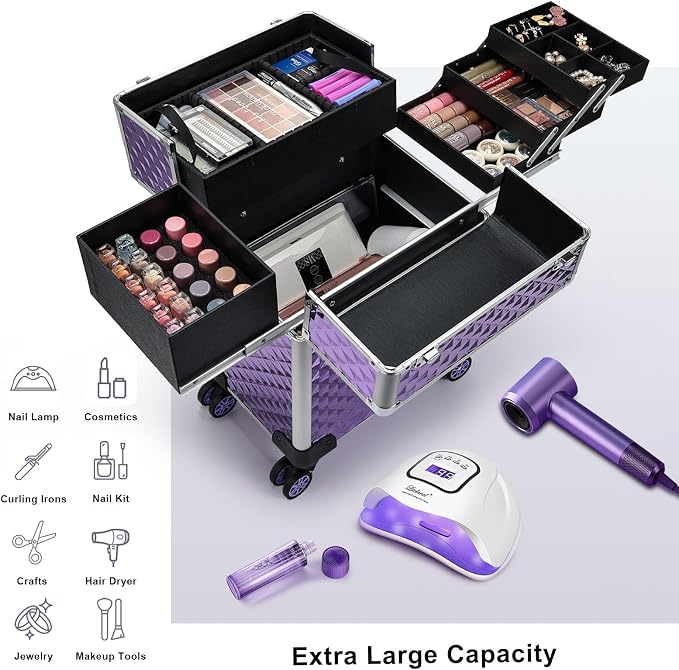 Stagiant Rolling Makeup Train Case Large Storage Cosmetic Trolley 4 Tray with Sliding Rail Removable Middle Layer with Key Swivel Wheels Salon Barber Case Traveling Cart Trunk - Image 2