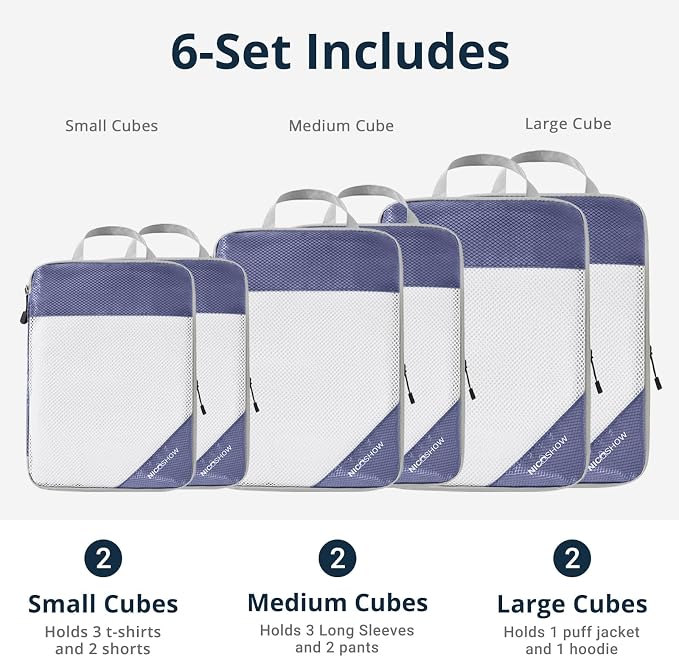 NICOSHOW Compression Packing Cubes 6 Set, Compressible Space-Saving Packing Cubes for Travel - Compression Bags, Luggage Organizer, Travel Essentials for Women, Bluish Purple - Image 3