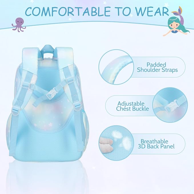 ACESAK Kids School Backpack for Girls, Mermaids Bookbag Backpack with 14OZ Water Bottle, Lunch Bag Set for GirlsTeens Middle Student, Girls Backpacks for School (Blue) - Image 4