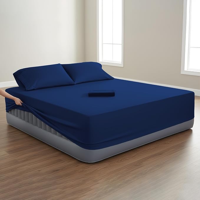 Mocassi 4-Piece Extra Deep Pocket 16-24 Inch Air Mattress Bed Sheet Set- 4PC Sheet Set with Smart Pockets Ideal for Air Beds, RVs, Camping and Guest Rooms Premium Hotel Quality, King, Navy Blue - Image 2