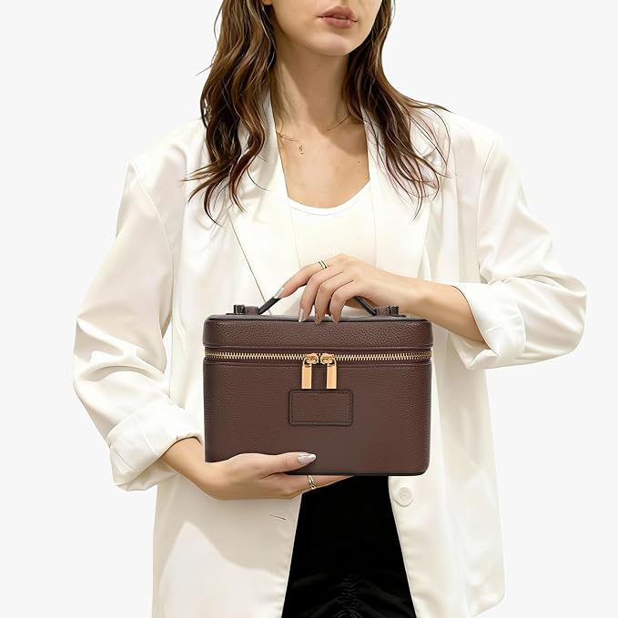 Makeup Bag Vanity Case with Removable Divider Travel Toiletry Bag Portable Cosmetic Bag Makeup Organizer Case (Coffee) - Image 2