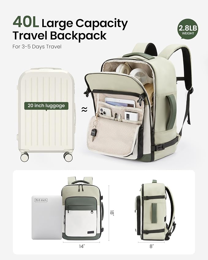 LOVEVOOK Travel Backpack for Women & Men, 40L Large Airline Approved Carry on Backpack for Travel, TSA Personal Item Travel Bag with 3 Packing Cubes, Waterproof Travel Essentials Bag fits 17" Laptop - Image 3