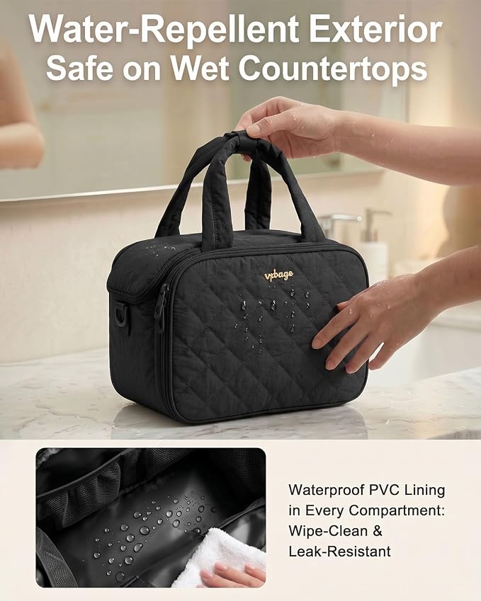VPBAGE Large Quilted Toiletry Bag for Women, Puffy Travel Makeup Organizer with Removable Divider & Shoulder Strap, Waterproof Standing Cosmetic Case for Full-Size Toiletries, Gym, Vacation - Image 4
