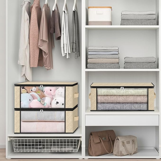 HomeHacks Storage 4-Pack Clothes Organizer Storage Bags Foldable Storage Box with Large Clear Window Sturdy Handles for Closet, Dorm, Pillows, Bedding, Clothes, Blankets, 35L, Beige - Image 6