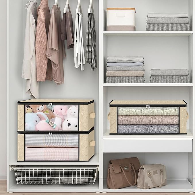 HomeHacks Storage 8-Pack Clothes Organizer Storage Bags Foldable Storage Box with Large Clear Window Sturdy Handles for Closet, Dorm, Pillows, Bedding, Clothes, Blankets, 35L, Beige - Image 6